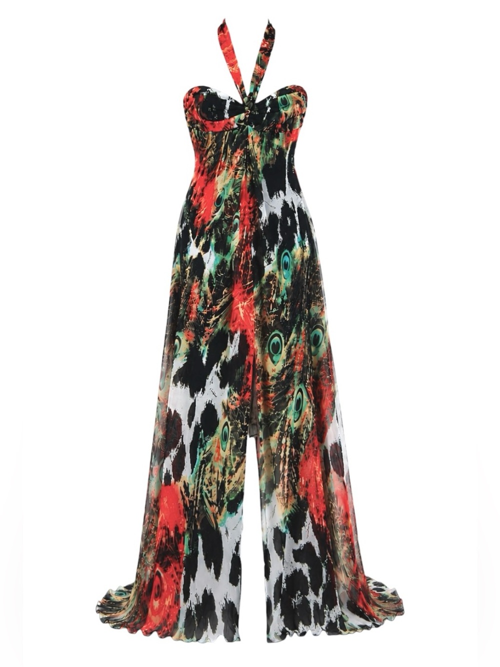 Vintage ROBERTO CAVALLI 2009 Feather Print Snake Embellished Halter Maxi Dress